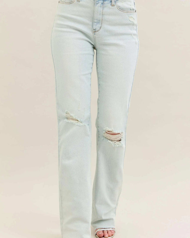 Judy Blue Mid Rise Destroy & Fray Hem Bootcut Denim Jeans 88718 - Sleekdenim.com