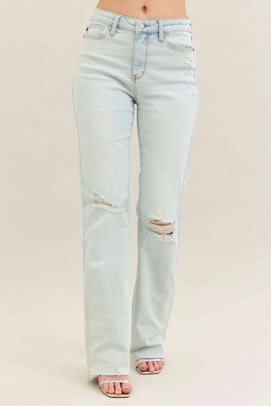 Judy Blue Mid Rise Destroy & Fray Hem Bootcut Denim Jeans 88718 - Sleekdenim.com