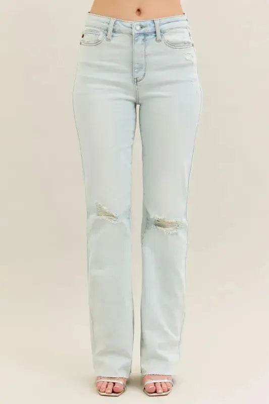 Judy Blue Mid Rise Destroy & Fray Hem Bootcut Denim Jeans 88718 - Sleekdenim.com