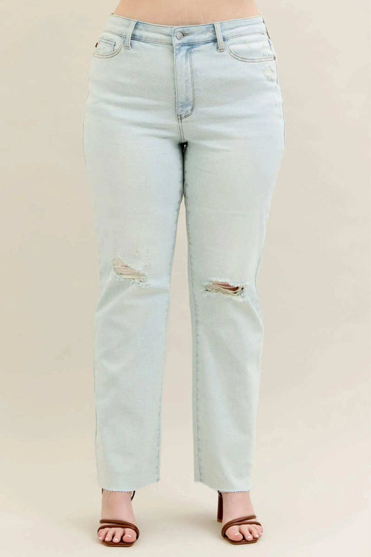 Judy Blue Mid Rise Destroy & Fray Hem Bootcut Denim Jeans 88718 - Sleekdenim.com