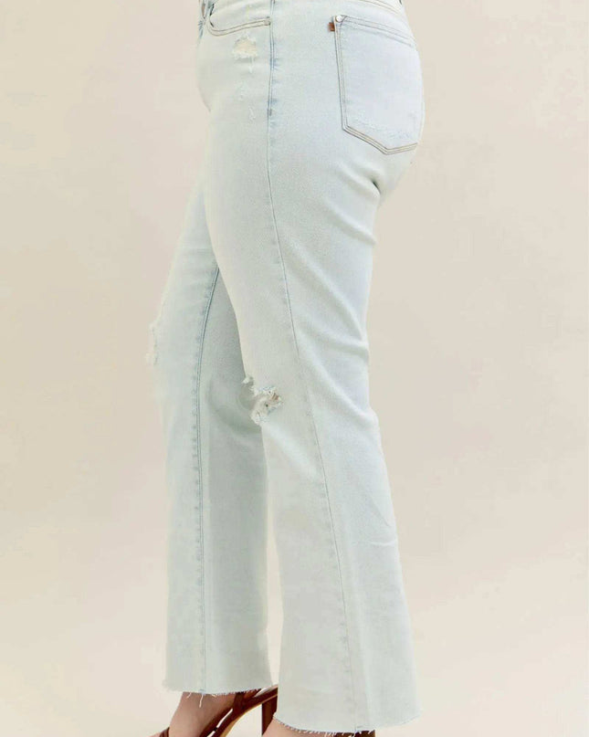 Judy Blue Mid Rise Destroy & Fray Hem Bootcut Denim Jeans 88718 - Sleekdenim.com