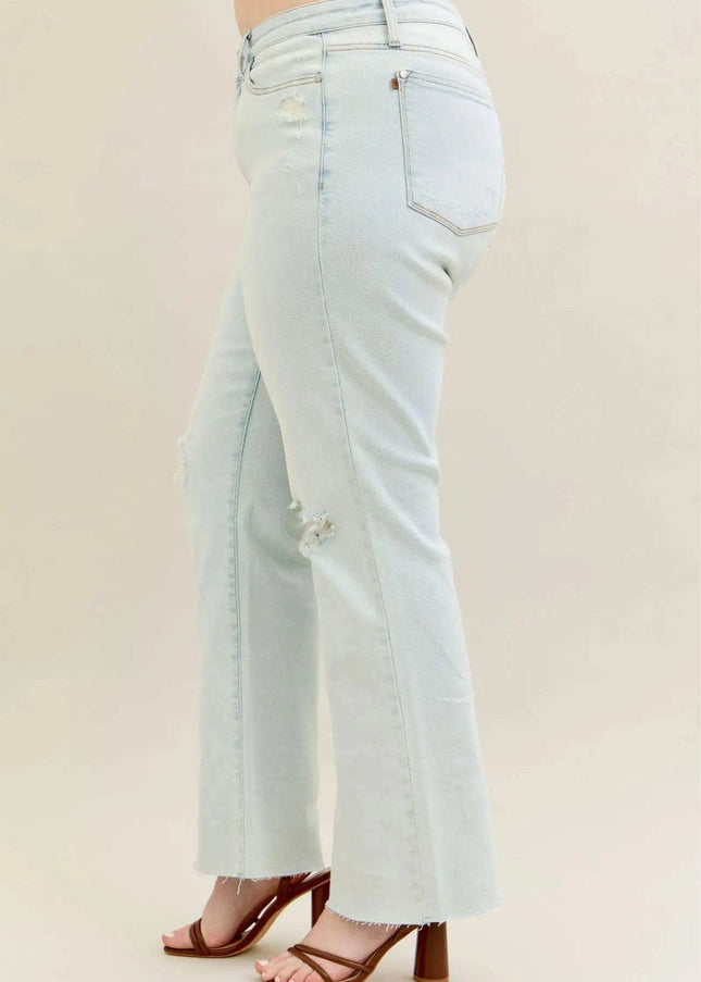 Judy Blue Mid Rise Destroy & Fray Hem Bootcut Denim Jeans 88718 - Sleekdenim.com