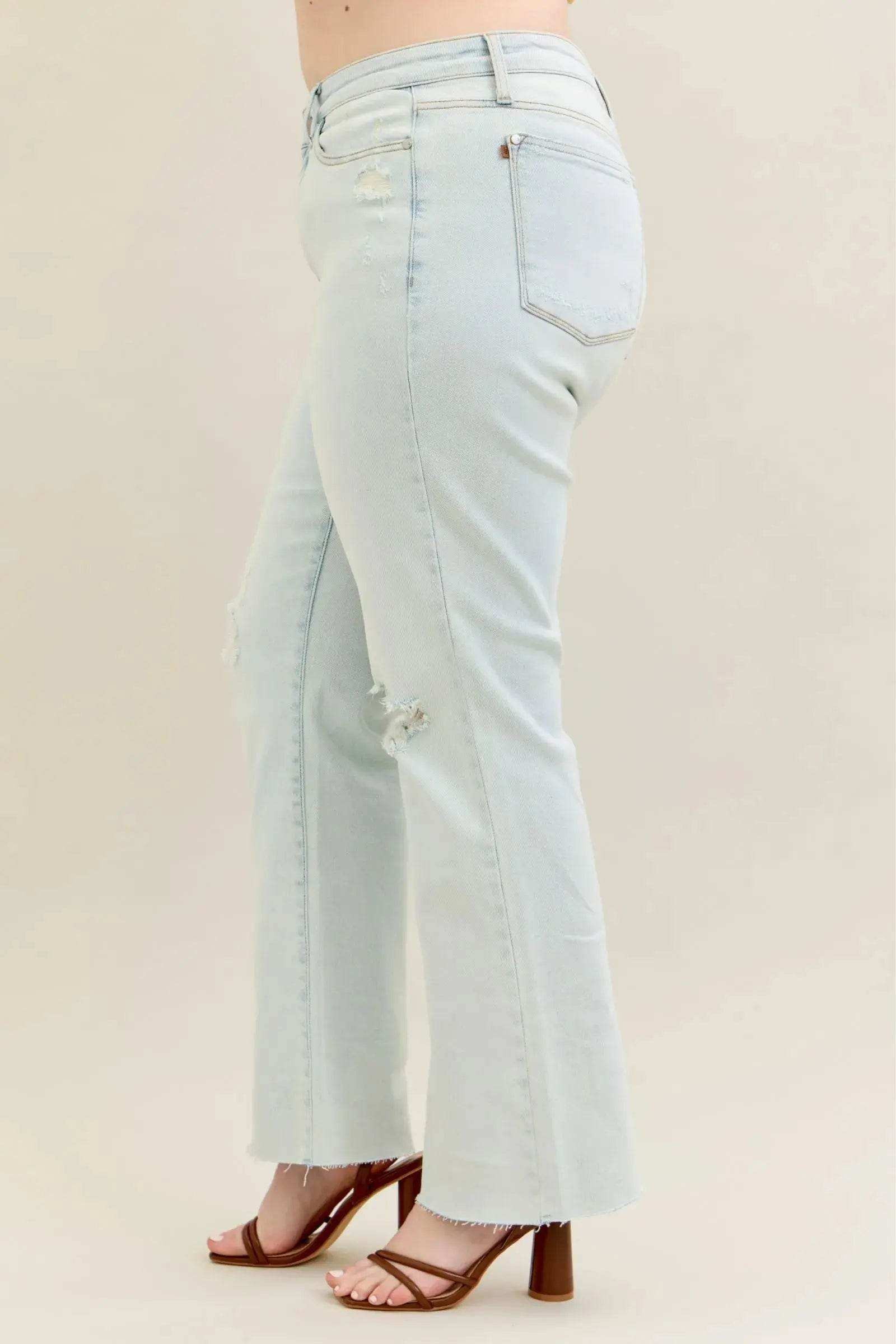 Judy Blue Mid Rise Destroy & Fray Hem Bootcut Denim Jeans 88718 - Sleekdenim.com