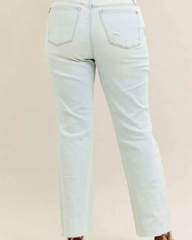 Judy Blue Mid Rise Destroy & Fray Hem Bootcut Denim Jeans 88718 - Sleekdenim.com