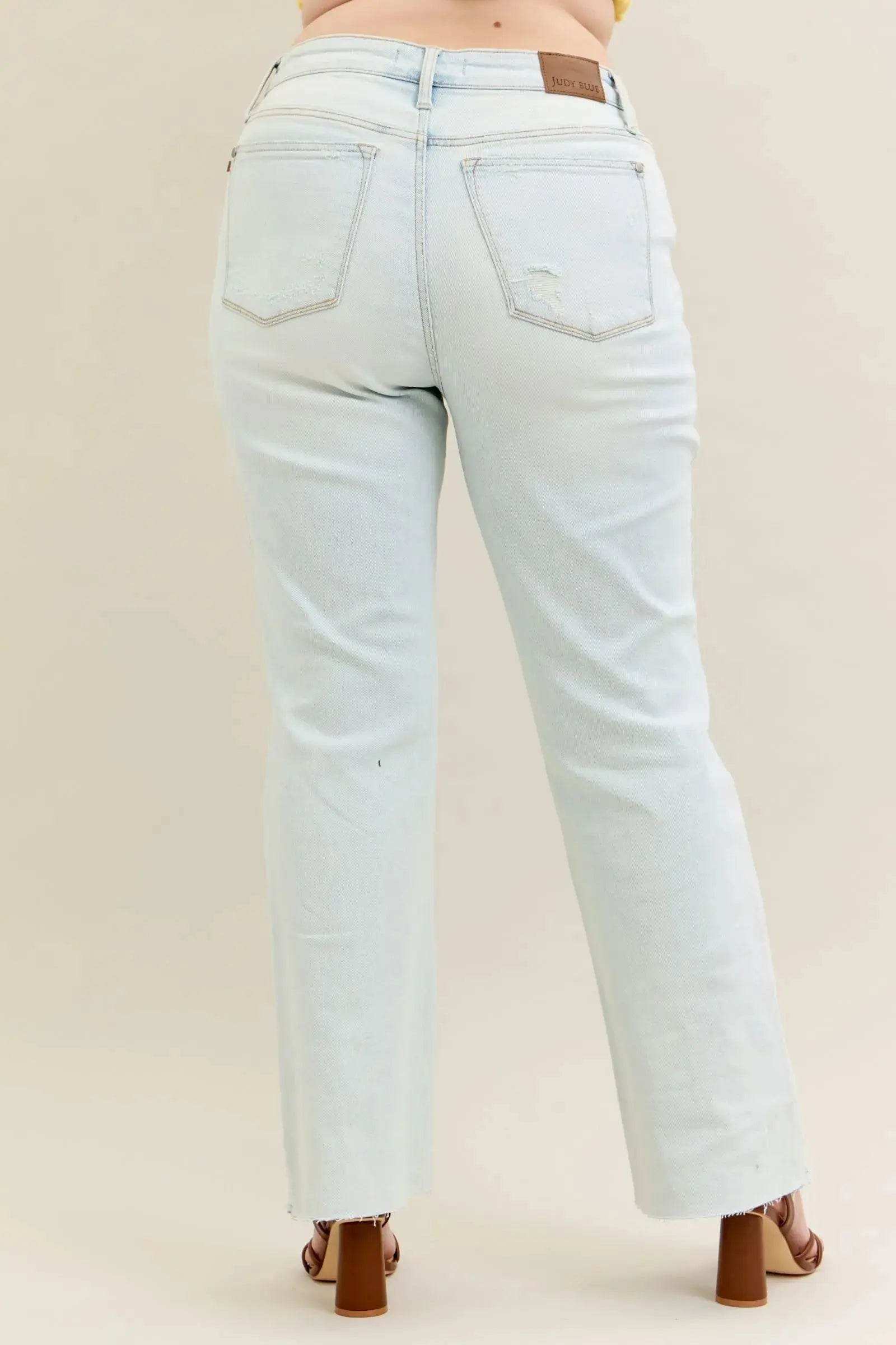 Judy Blue Mid Rise Destroy & Fray Hem Bootcut Denim Jeans 88718 - Sleekdenim.com