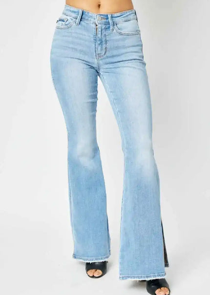 Judy Blue Mid Rise Raw Hem Slit Flare Jeans 82601 - Sleekdenim.com