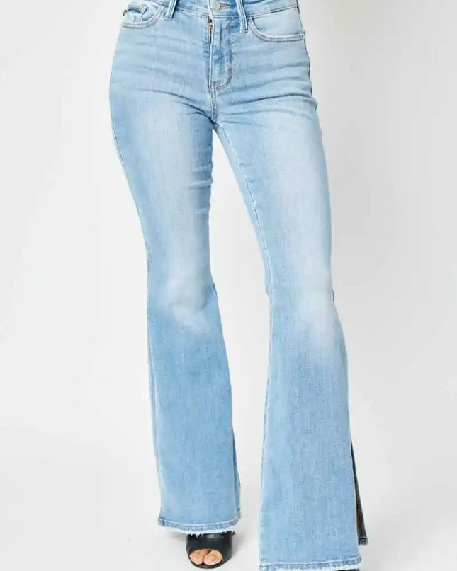 Judy Blue Mid Rise Raw Hem Slit Flare Jeans 82601 - Sleekdenim.com