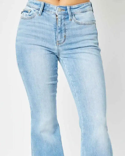 Judy Blue Mid Rise Raw Hem Slit Flare Jeans 82601 - Sleekdenim.com