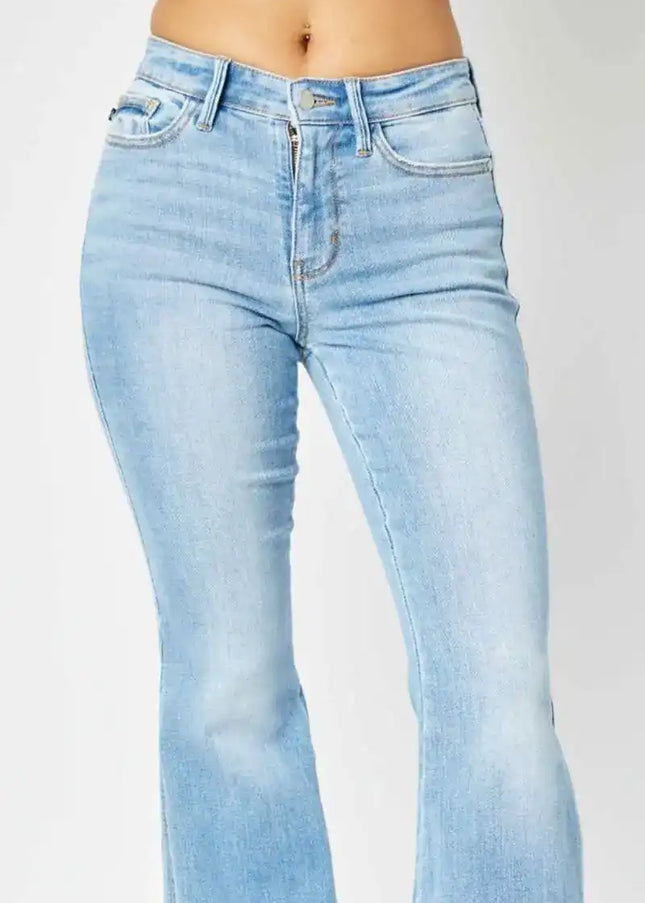 Judy Blue Mid Rise Raw Hem Slit Flare Jeans 82601 - Sleekdenim.com