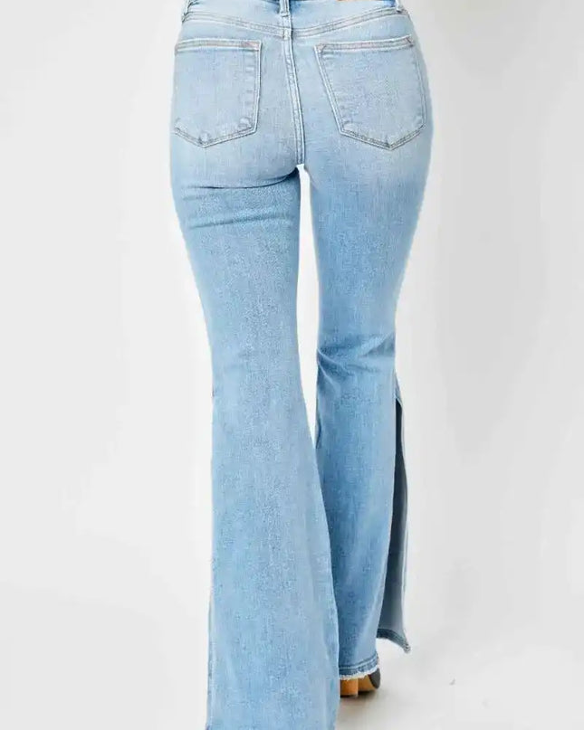 Judy Blue Mid Rise Raw Hem Slit Flare Jeans 82601 - Sleekdenim.com