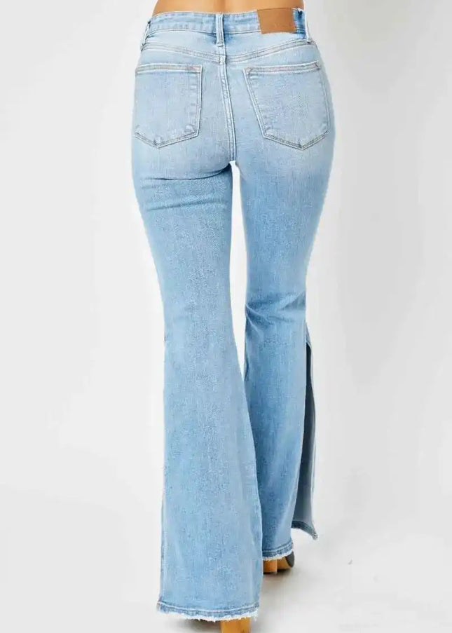 Judy Blue Mid Rise Raw Hem Slit Flare Jeans 82601 - Sleekdenim.com