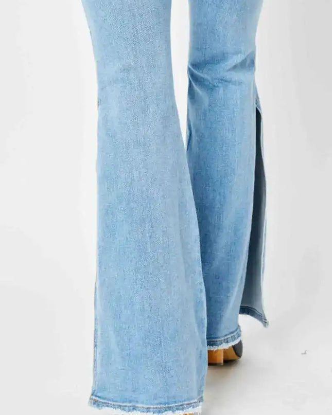 Judy Blue Mid Rise Raw Hem Slit Flare Jeans 82601 - Sleekdenim.com