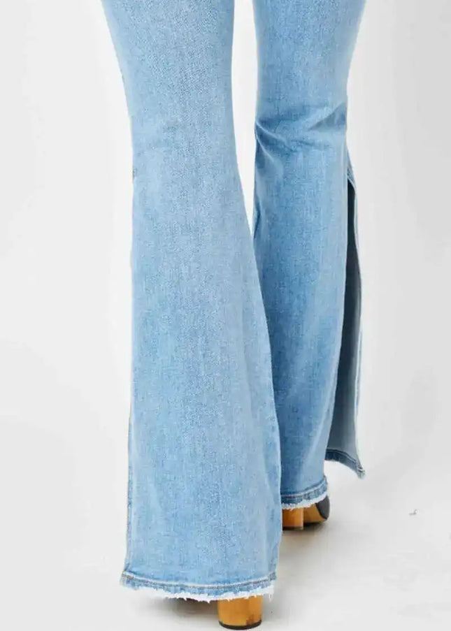 Judy Blue Mid Rise Raw Hem Slit Flare Jeans 82601 - Sleekdenim.com