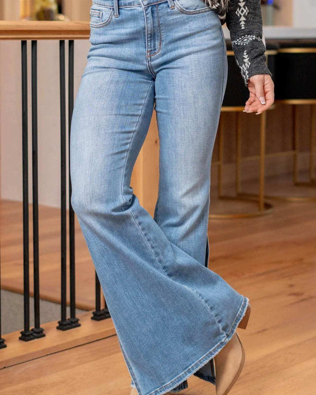 Judy Blue Mid Rise Raw Hem Slit Flare Jeans 82601 - Sleekdenim.com