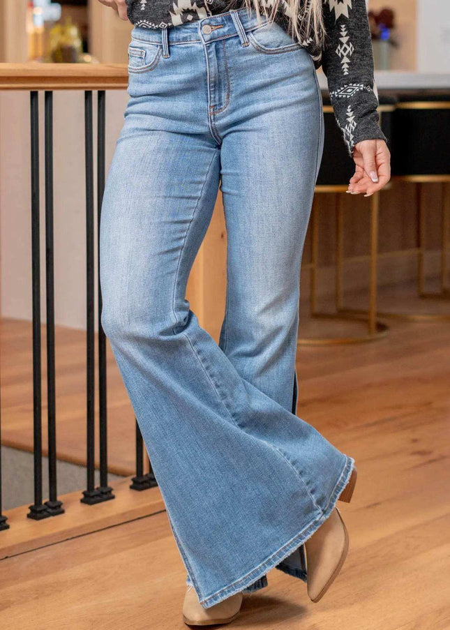 Judy Blue Mid Rise Raw Hem Slit Flare Jeans 82601 - Sleekdenim.com