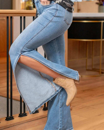 Judy Blue Mid Rise Raw Hem Slit Flare Jeans 82601 - Sleekdenim.com