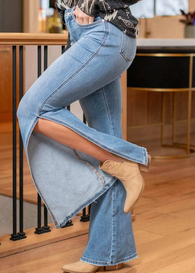 Judy Blue Mid Rise Raw Hem Slit Flare Jeans 82601 - Sleekdenim.com