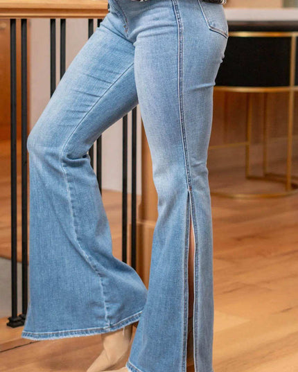 Judy Blue Mid Rise Raw Hem Slit Flare Jeans 82601 - Sleekdenim.com