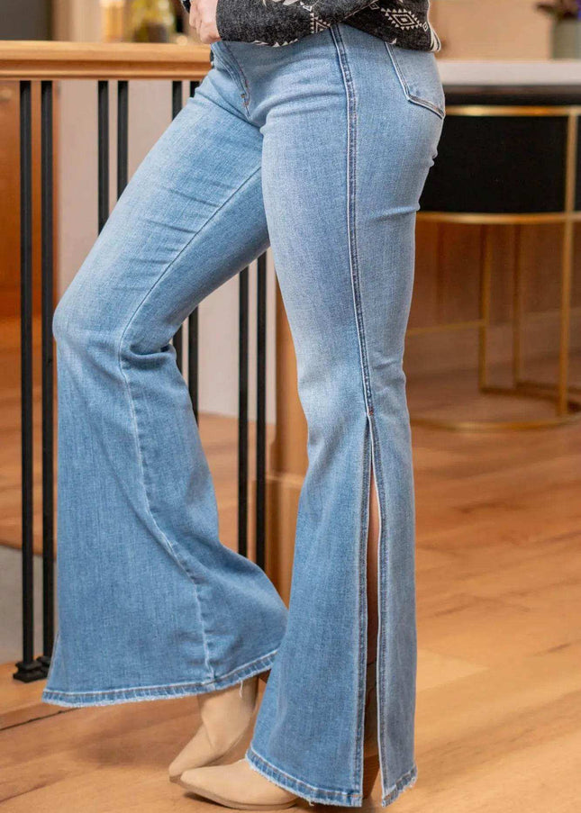 Judy Blue Mid Rise Raw Hem Slit Flare Jeans 82601 - Sleekdenim.com