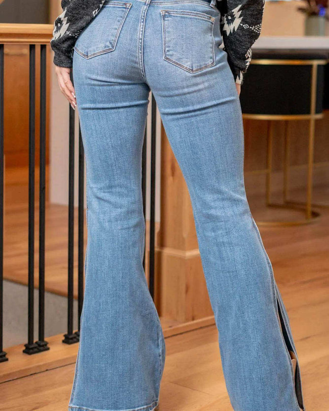 Judy Blue Mid Rise Raw Hem Slit Flare Jeans 82601 - Sleekdenim.com