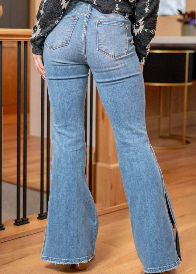 Judy Blue Mid Rise Raw Hem Slit Flare Jeans 82601 - Sleekdenim.com