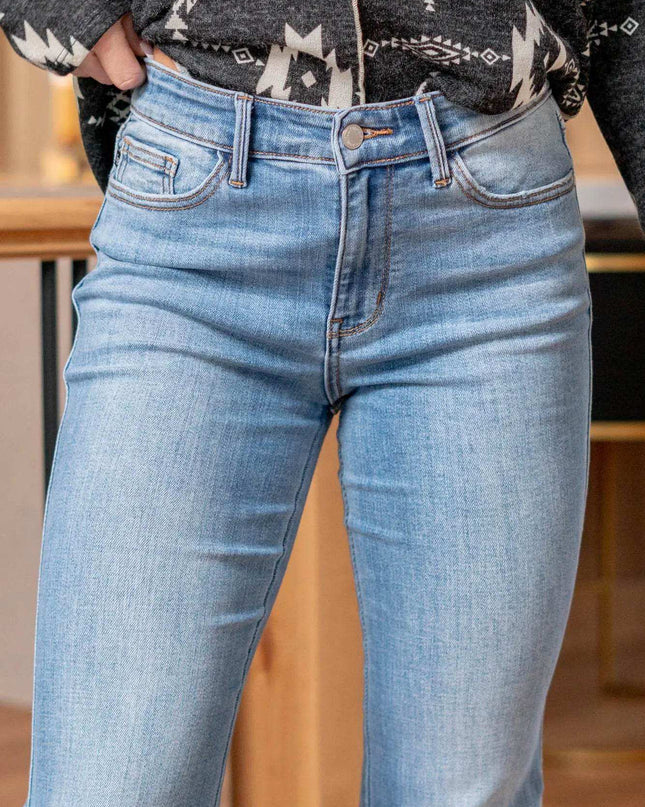 Judy Blue Mid Rise Raw Hem Slit Flare Jeans 82601 - Sleekdenim.com