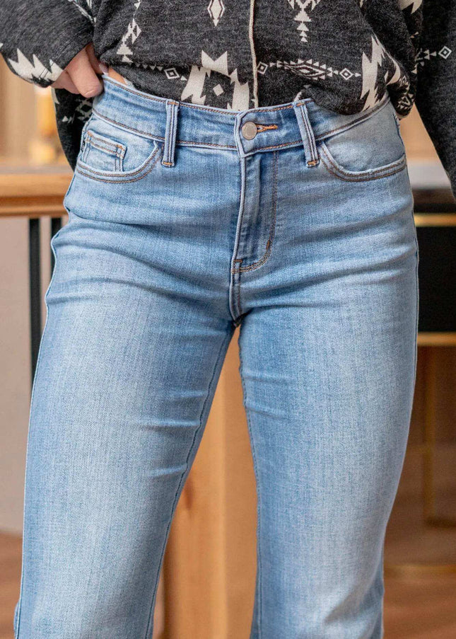 Judy Blue Mid Rise Raw Hem Slit Flare Jeans 82601 - Sleekdenim.com