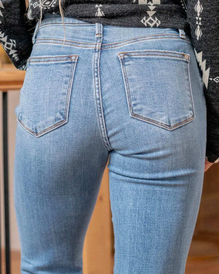 Judy Blue Mid Rise Raw Hem Slit Flare Jeans 82601 - Sleekdenim.com