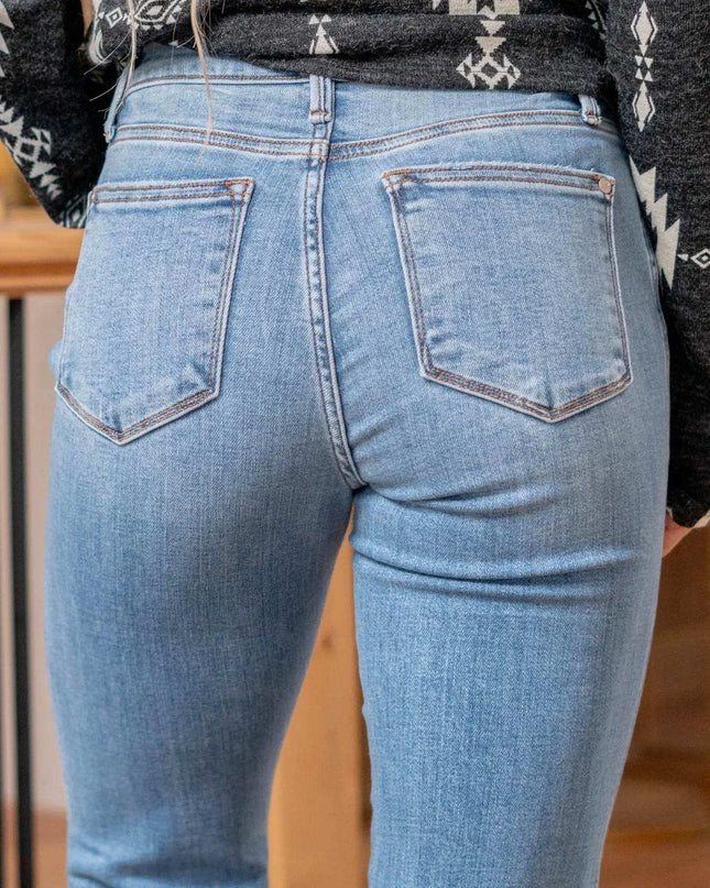 Judy Blue Mid Rise Raw Hem Slit Flare Jeans 82601 - Sleekdenim.com