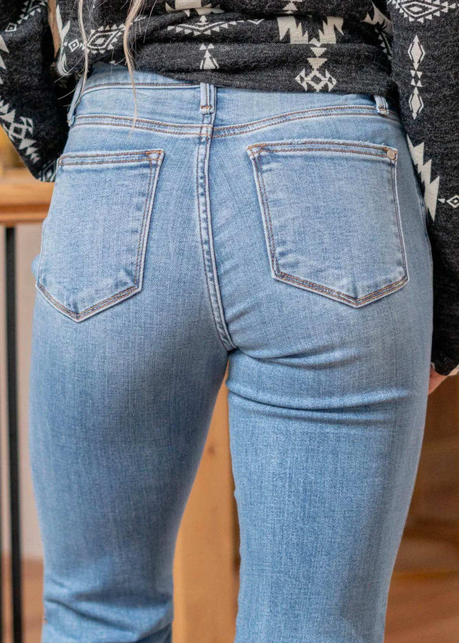 Judy Blue Mid Rise Raw Hem Slit Flare Jeans 82601 - Sleekdenim.com