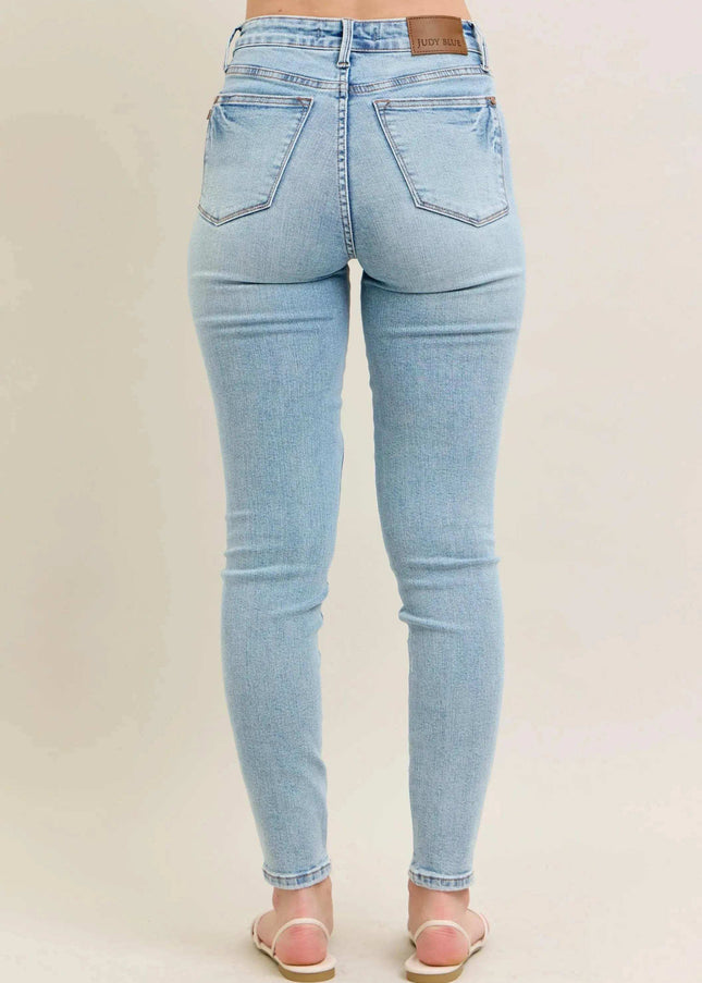 Judy Blue Mid Rise Tummy Control Vintage Wash Skinny Denim Jeans 88980 - Sleekdenim.com