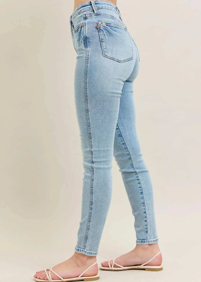 Judy Blue Mid Rise Tummy Control Vintage Wash Skinny Denim Jeans 88980 - Sleekdenim.com