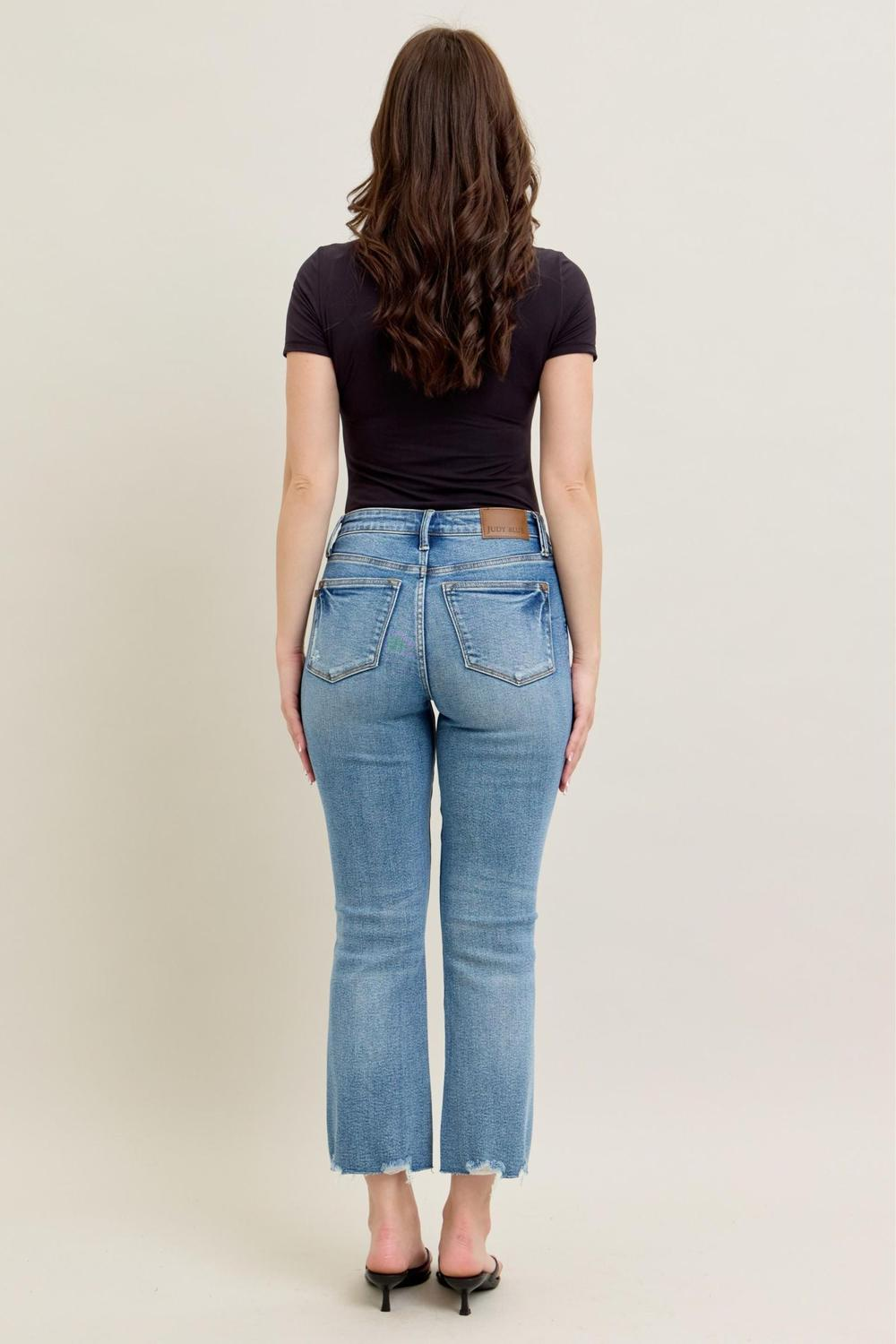 Judy Blue Mid Rise Vintage Wash Destroy Hem Kick Flare Jeans 88979
