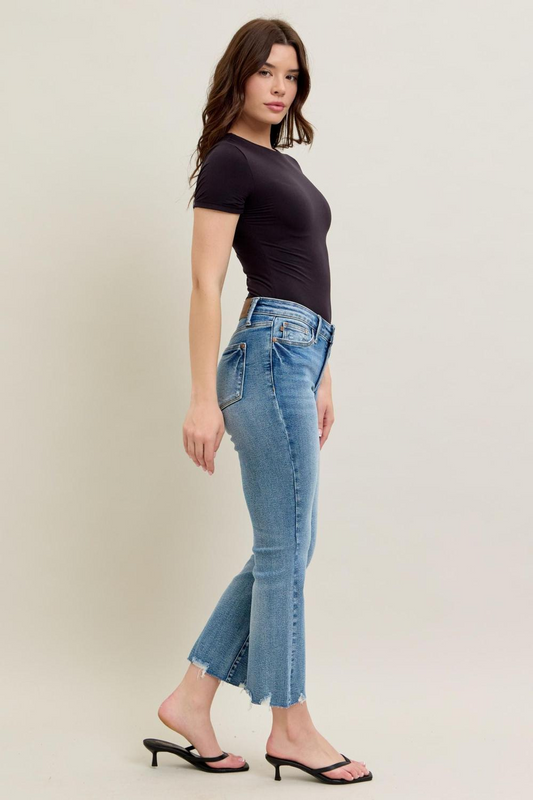 Judy Blue Mid Rise Vintage Wash Destroy Hem Kick Flare Jeans 88979
