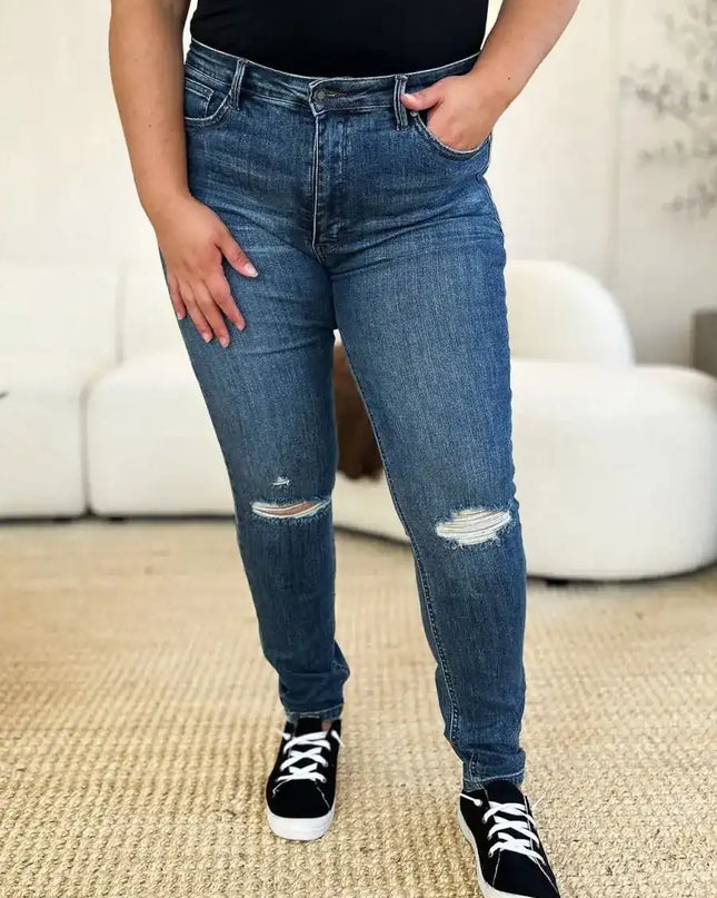 Judy Blue Mid Waist Distressed Slim Jeans 88798 - Sleekdenim.com