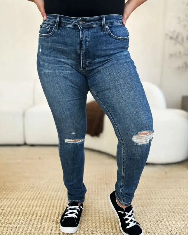 Judy Blue Mid Waist Distressed Slim Jeans 88798 - Sleekdenim.com
