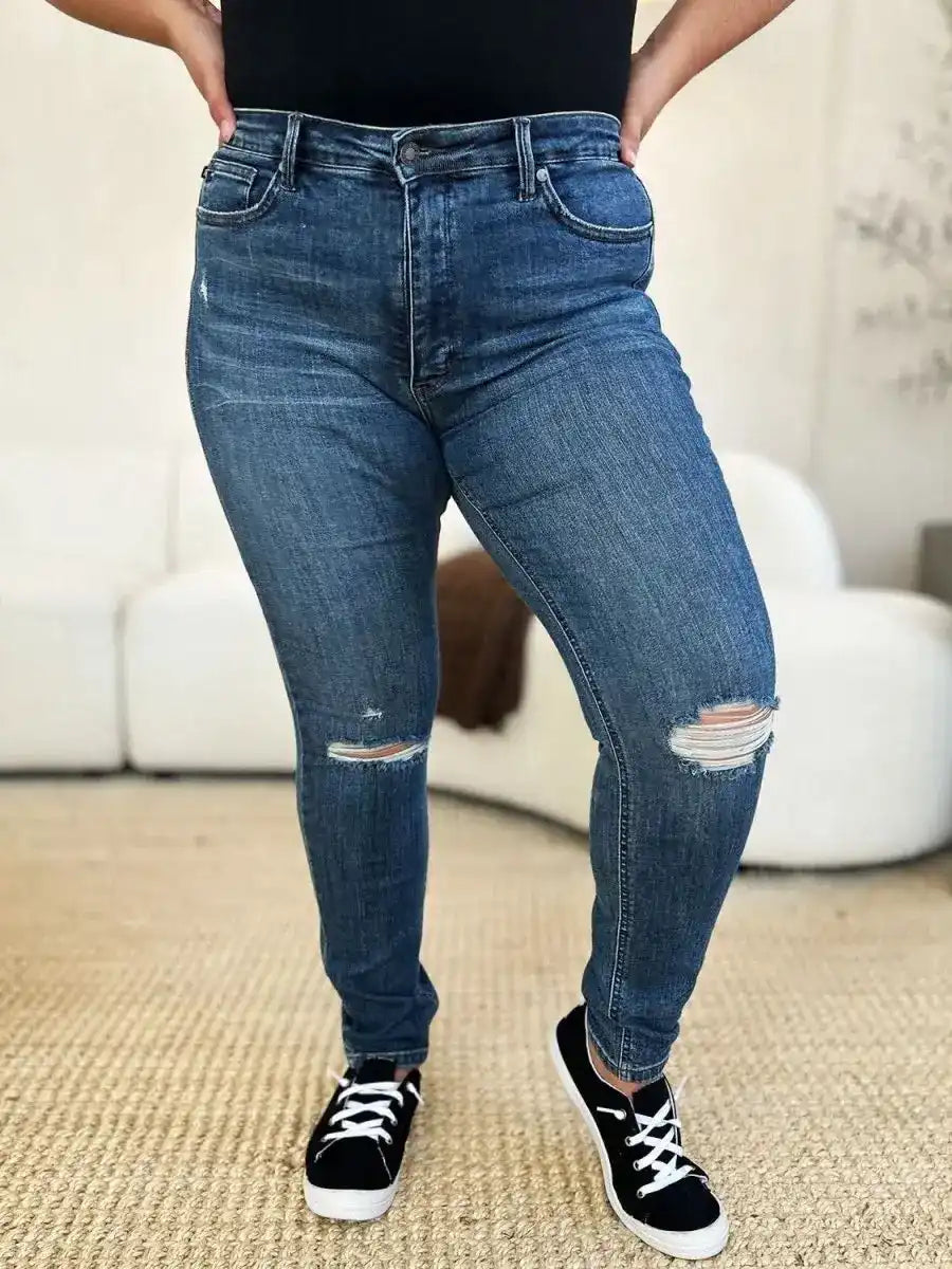 Judy Blue Mid Waist Distressed Slim Jeans 88798 - Sleekdenim.com