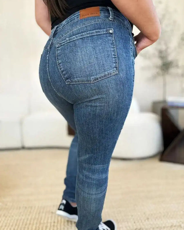 Judy Blue Mid Waist Distressed Slim Jeans 88798 - Sleekdenim.com