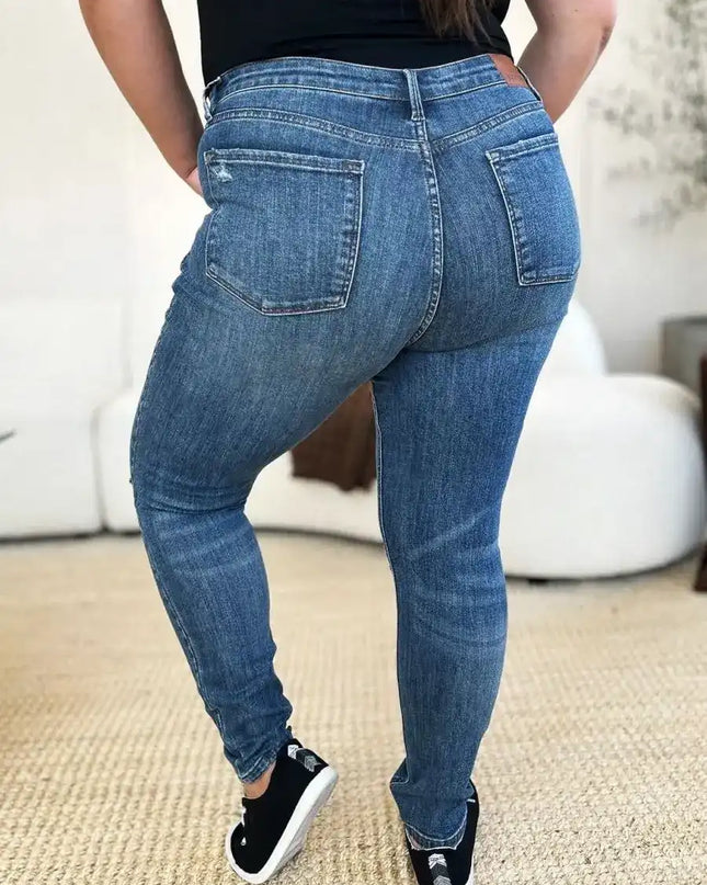 Judy Blue Mid Waist Distressed Slim Jeans 88798 - Sleekdenim.com