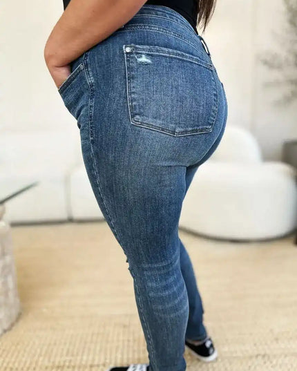 Judy Blue Mid Waist Distressed Slim Jeans 88798 - Sleekdenim.com