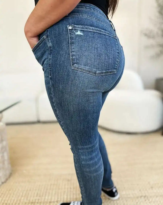 Judy Blue Mid Waist Distressed Slim Jeans 88798 - Sleekdenim.com