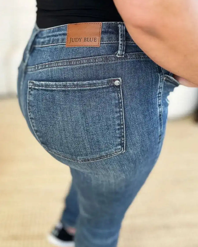 Judy Blue Mid Waist Distressed Slim Jeans 88798 - Sleekdenim.com