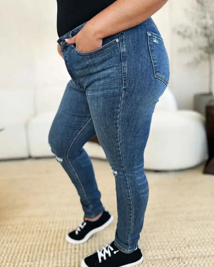 Judy Blue Mid Waist Distressed Slim Jeans 88798 - Sleekdenim.com