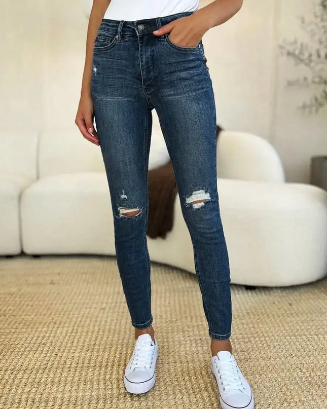 Judy Blue Mid Waist Distressed Slim Jeans 88798 - Sleekdenim.com