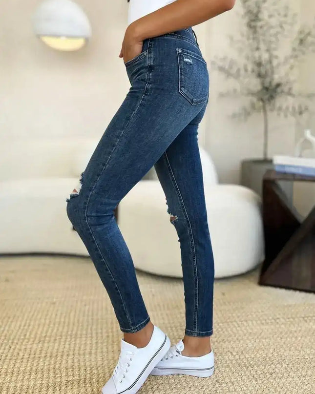 Judy Blue Mid Waist Distressed Slim Jeans 88798 - Sleekdenim.com