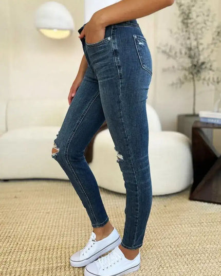 Judy Blue Mid Waist Distressed Slim Jeans 88798 - Sleekdenim.com