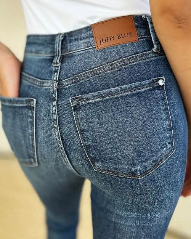 Judy Blue Mid Waist Distressed Slim Jeans 88798 - Sleekdenim.com