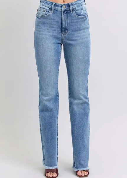 Judy Blue Raw Hem High Rise Bootcut Jeans 82486 - Sleekdenim.com