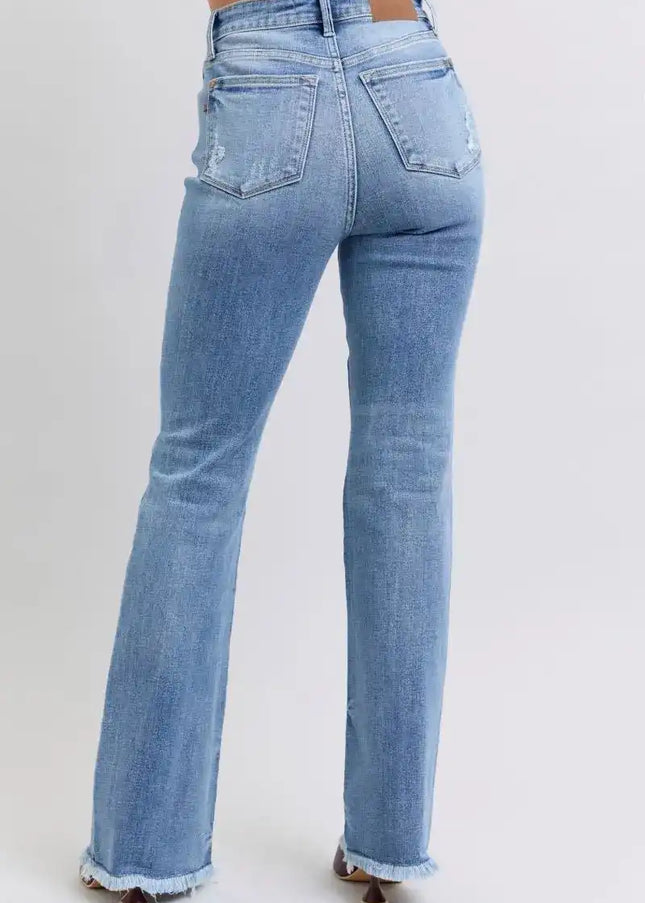 Judy Blue Raw Hem High Rise Bootcut Jeans 82486 - Sleekdenim.com