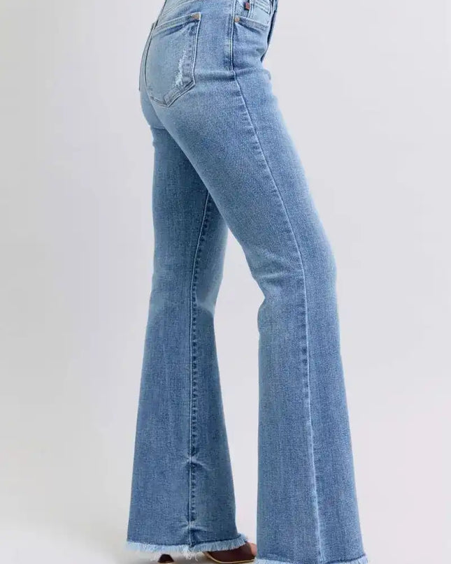 Judy Blue Raw Hem High Rise Bootcut Jeans 82486 - Sleekdenim.com